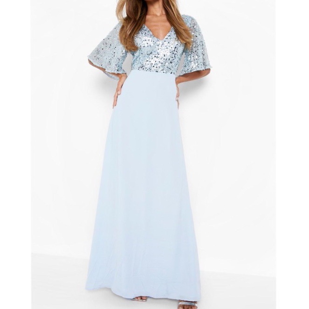 Boohoo Light Blue Sequin Floor Length Dress Gown